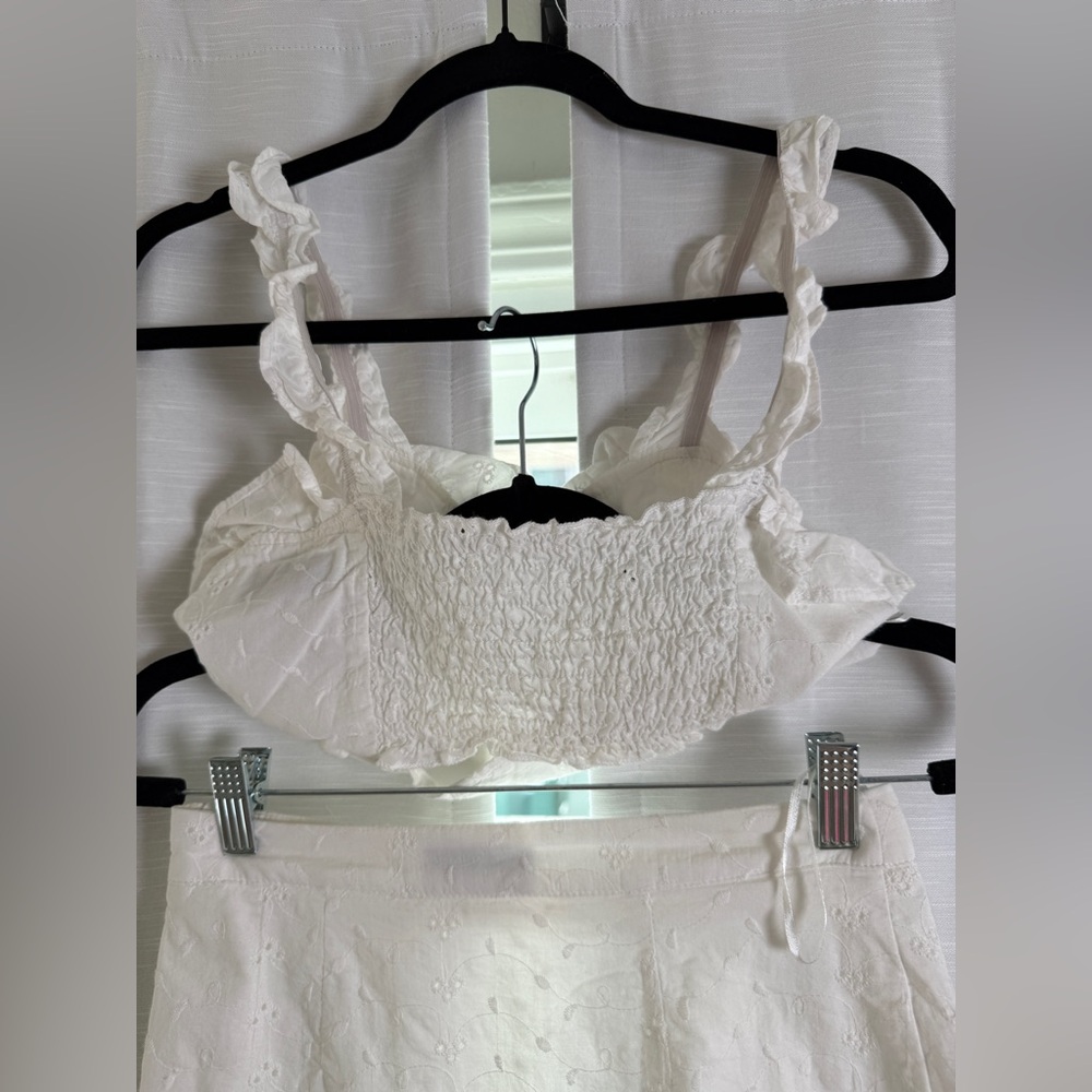 Lioness REVOLVE White Eyelet Ruffle Crop Top & Asymmetrical Skirt Set | Size S - Picture 11 of 14